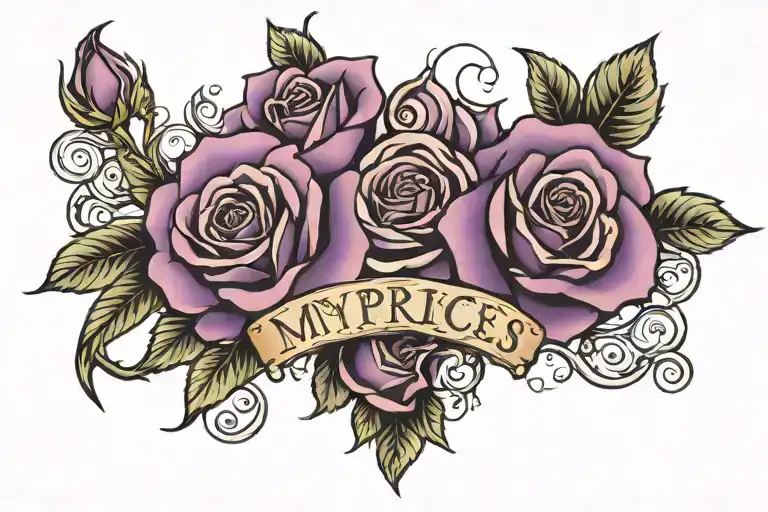 black and purple roses with the text "My Princess Joesephine" bold gothic style tattoo design idea