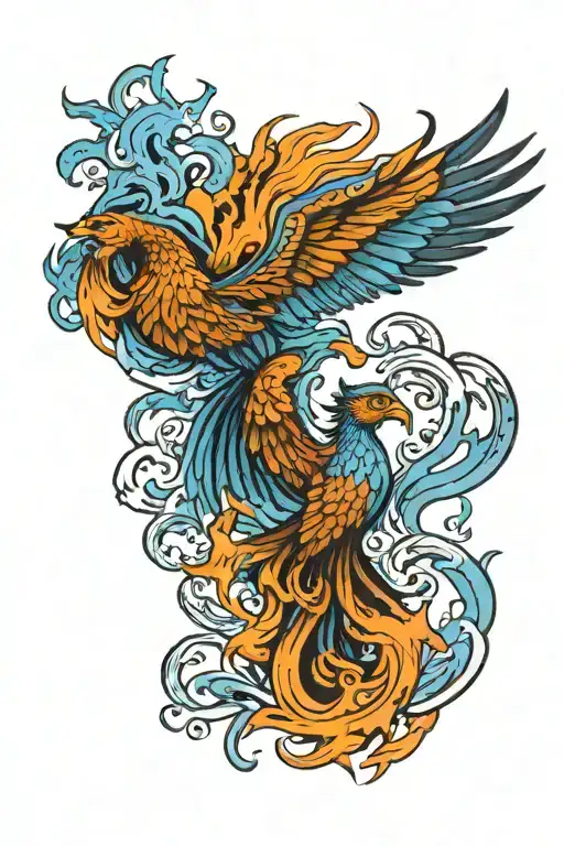 double phoenix rising from the ashes symbolizing rebirth with blue flames tattoo design idea