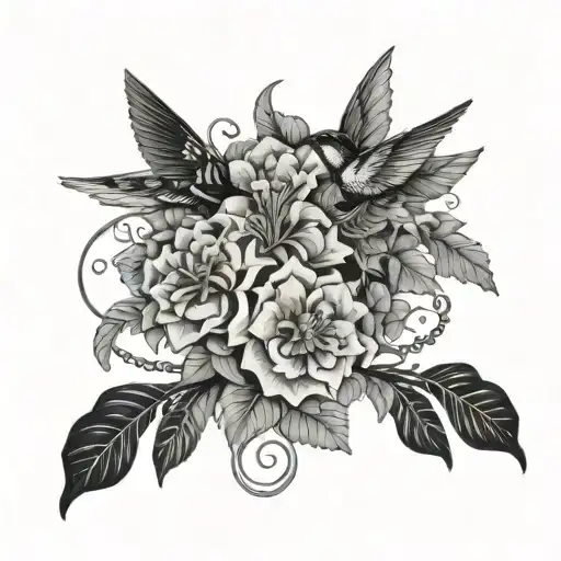 vines wrapping upwards, blossoming flowers, thick "foliage" work, a snake, and a hummingbird  tattoo design idea