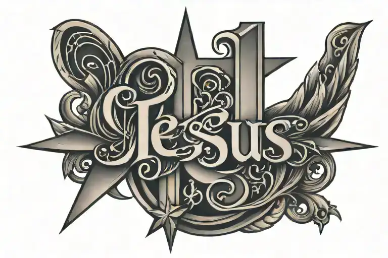 A black tattoo on the forearm with the name Jesus in large letters with 2 stars on each side and one above. tattoo design idea