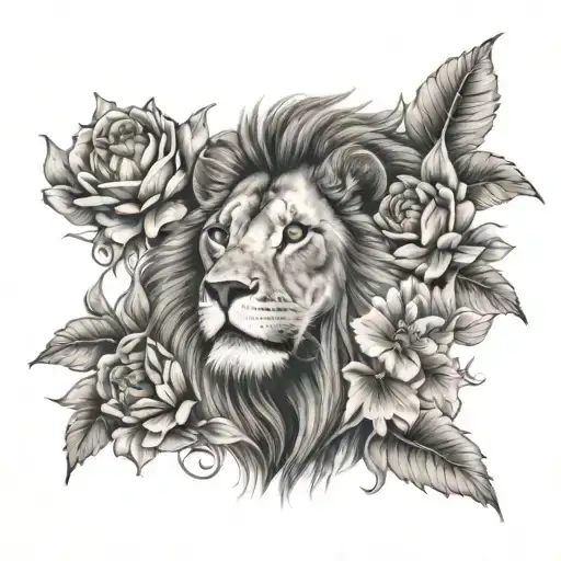lion surrounded by four o'clock flowers  tattoo design idea