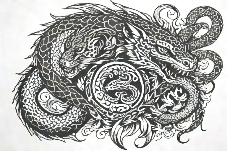 falcon, cheetah, dragon & snake intertwined tattoo design idea