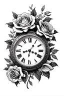 clock with roses tattoo design idea