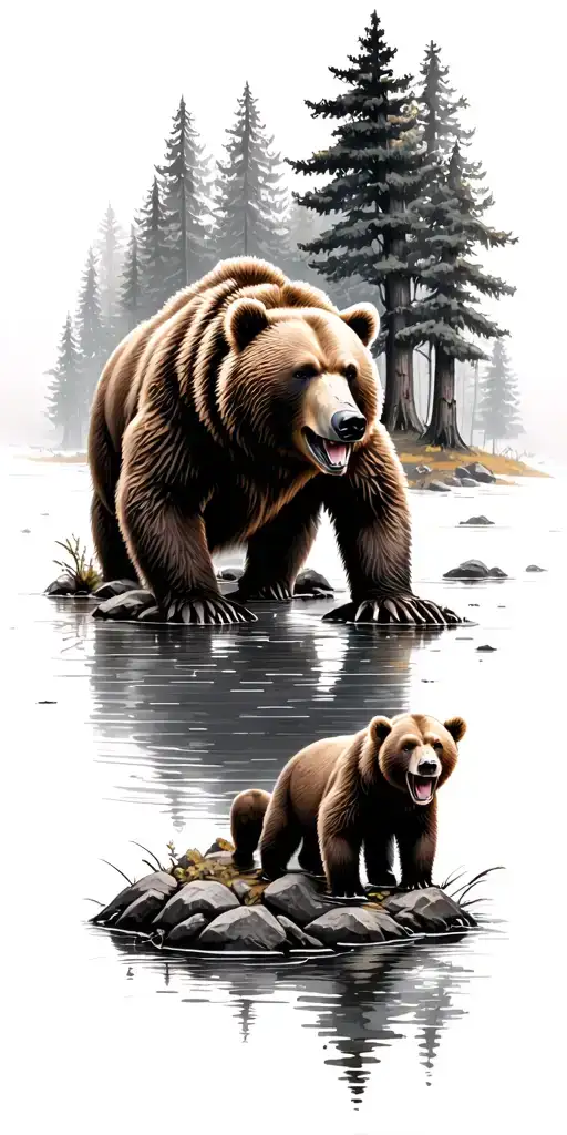 brown bear growling with one big cub and one small cub either side in the woods surrounded by trees and a small pond  tattoo design idea