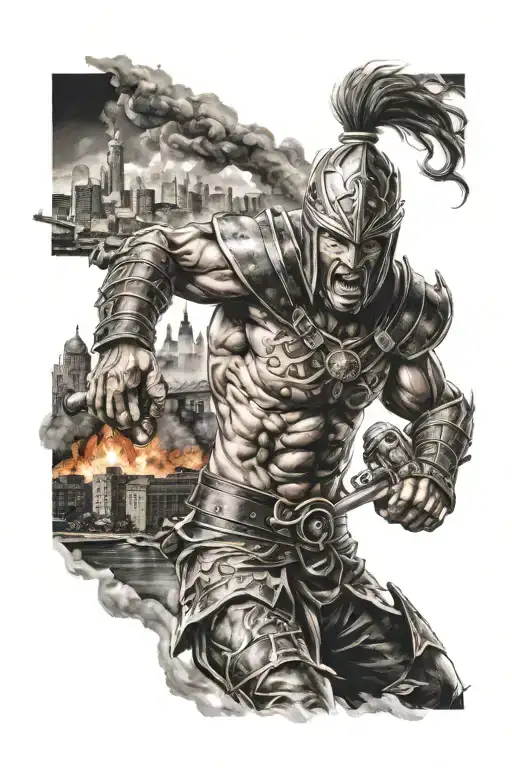 angry warrior battling fire and city in background  tattoo design idea