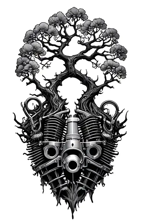 midevil tree of life and v-twin engine intertwined tattoo design idea