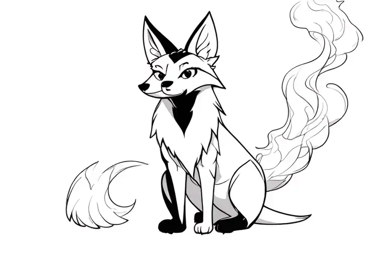 Black Fox sitting down, body facing right, head facing left. Legs and tail fading into smoke tattoo design idea