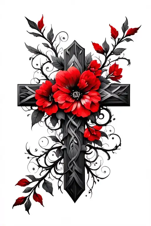 cross with vines and red flowers tattoo design idea