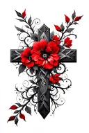 cross with vines and red flowers tattoo design idea