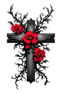 cross with vines and red flowers tattoo design idea