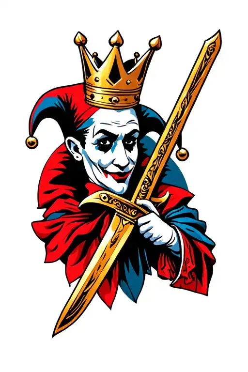 jester with a king crown and sword tattoo design idea
