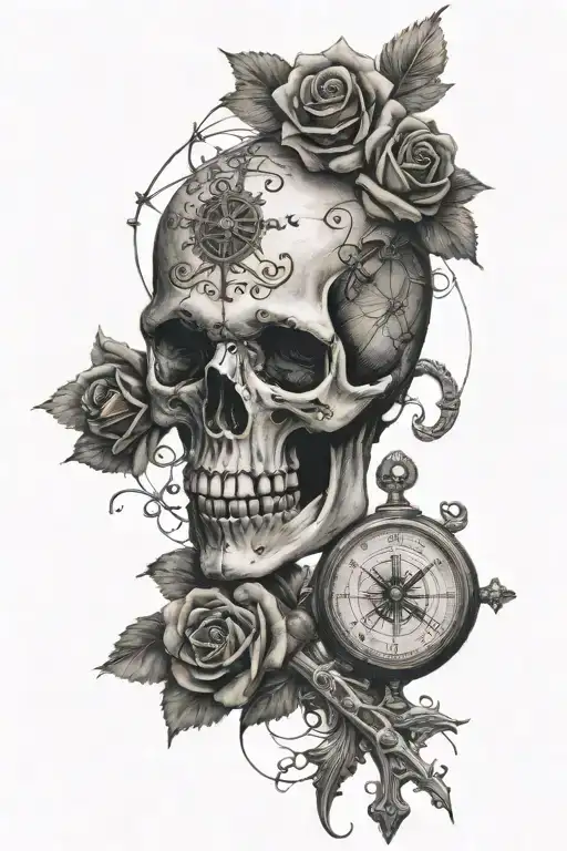 skull holding a cross with a rose and a compass  tattoo design idea