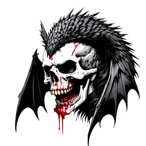gothic deathrocker with deathhawk vampire skull with bloody teeth and bat wings  tattoo design idea