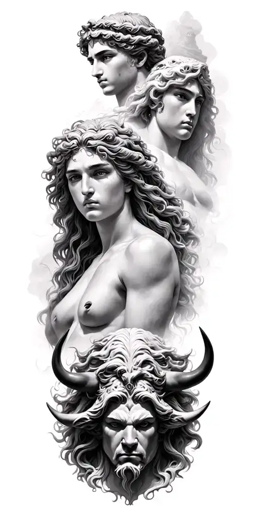 greek gods at the top, demi gides in the middle, medusa and minotaur at the bottom tattoo design idea