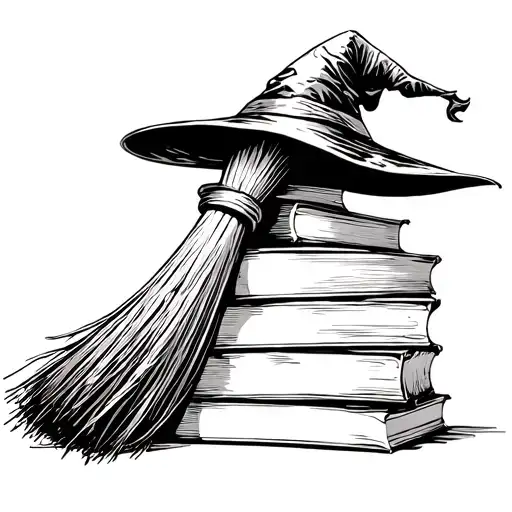 A black and white tattoo where a broom is leaning against a stack of books and a witch's hat is hanging on the broom tattoo design idea