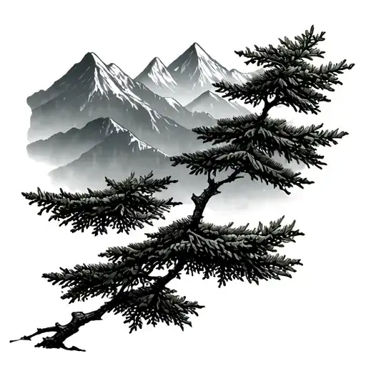 mountains fine line small hemlock tree branch tattoo design idea