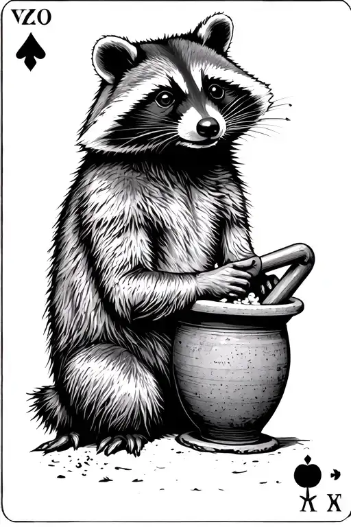tarot card featuring raccoon using mortar and pestle tattoo design idea