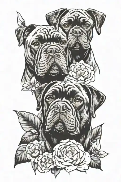 Cane Corso dog and Pekingese dog portraits surrounded by flowers tattoo design idea