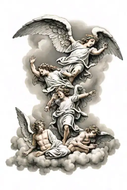 3 angels in the Bible with clouds surrounding tattoo design idea
