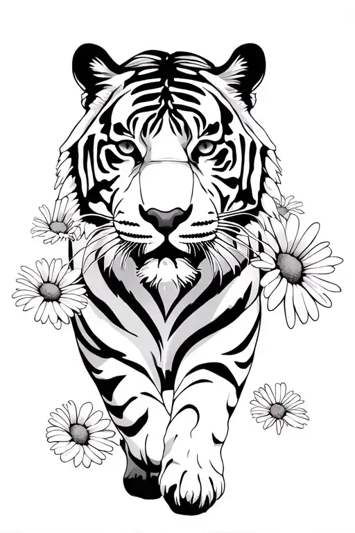 tiger walking in daisies tattoo design idea