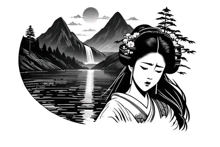 Geisha crying woman standing near a river flowing and a waterfall in a mountain landscape tattoo design idea
