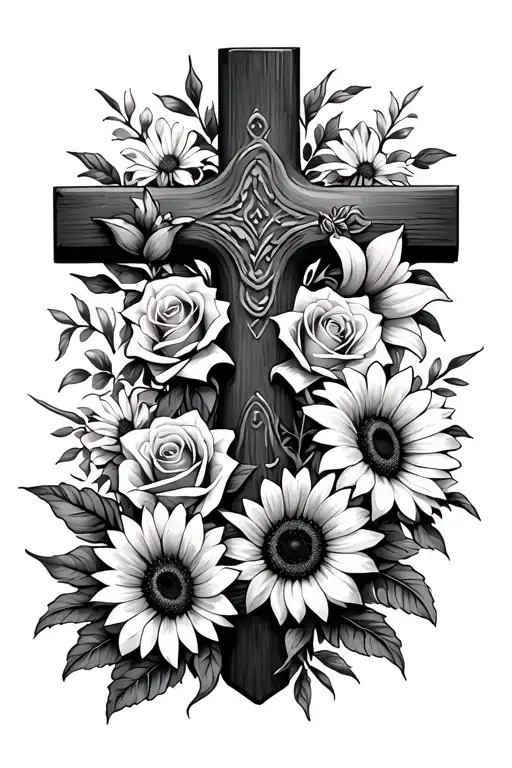 cross with roses, lilies, sunflowers, and daisies around it tattoo design idea