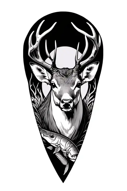 white tail deer, catfish, stream running, leg sleeve tattoo design idea