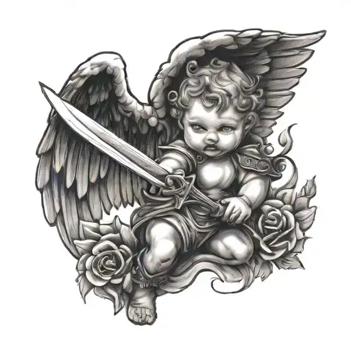 baby angel holding a sword and dagger tattoo design idea