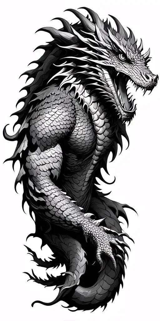 Full sleeve cover with heavy dragon scales and a realistic dragon hang firmly on the right shoulder. tattoo design idea