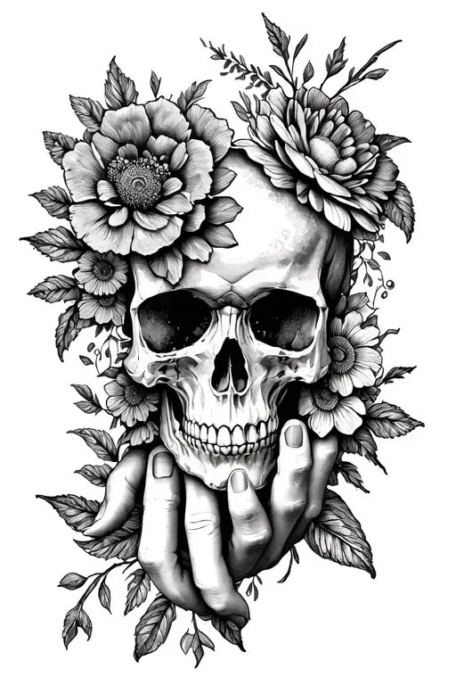 Skull around hand mix with flowers coming tattoo design idea