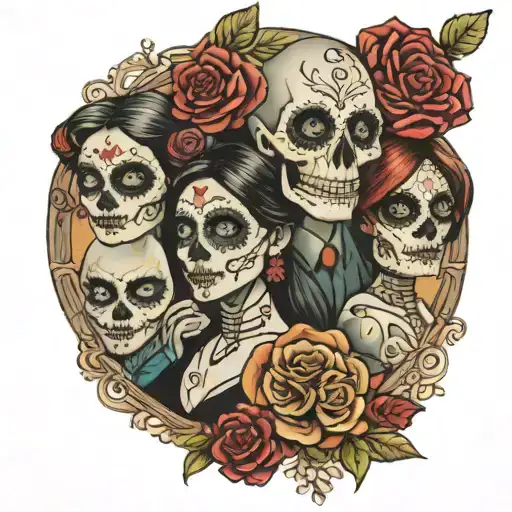 day of the dead family portrait of 5 people tattoo design idea