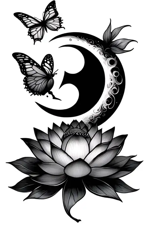 lotus flower under a moon with a semicolon butterfly flying around tattoo design idea