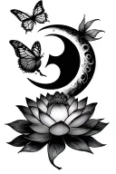 lotus flower under a moon with a semicolon butterfly flying around tattoo design idea