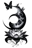 lotus flower under a moon with a semicolon butterfly flying around tattoo design idea