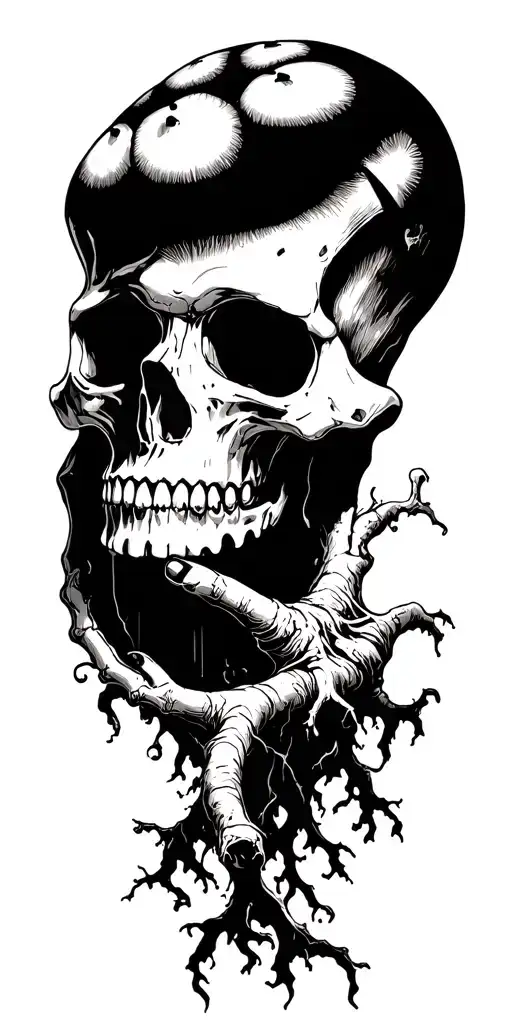 skull with mushrooms roots reaching deep tattoo design idea