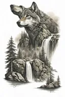 wolf mountain waterfall surrounded tattoo design idea