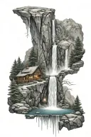 wolf mountain waterfall surrounded tattoo design idea