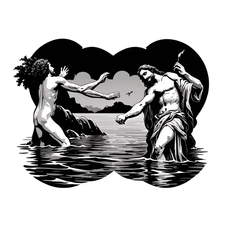 Jesus standing on the water, reaching down with one hand to pull a drowning person out of the sea  tattoo design idea