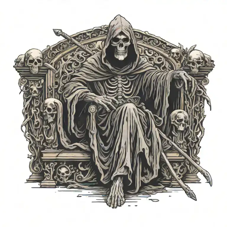 A grim reaper in a long robe, sitting on a throne  with steps made from skulls and holding a large scythe in his hands  tattoo design idea