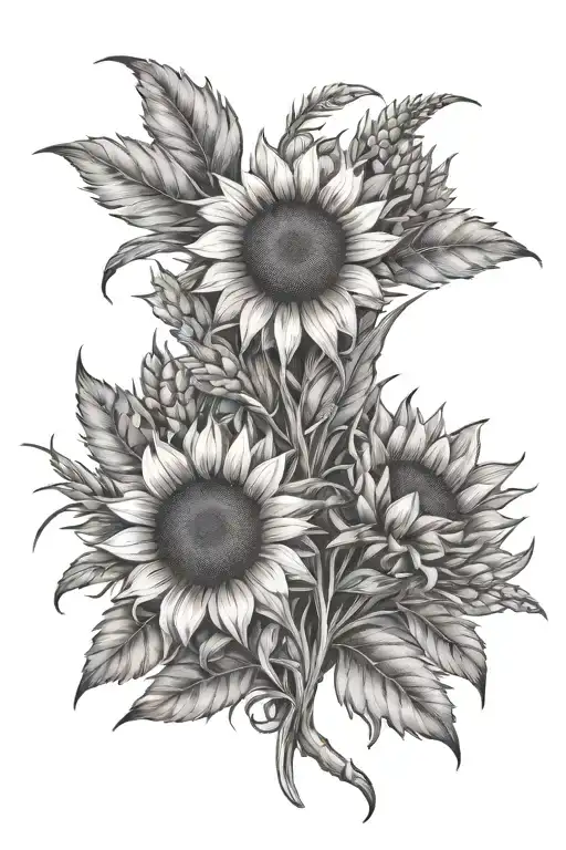  a lot of wheat, sunrise, sunflowers intertwined within tattoo design idea