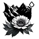 mountains, valley, one flower and symbol for God is greater than the highs and lows  tattoo design idea