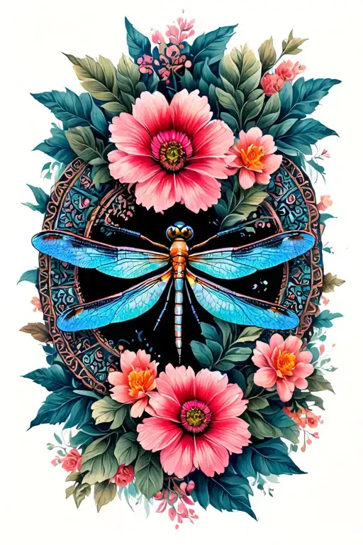 Dragonfly with flowers and mandalas tattoo design idea