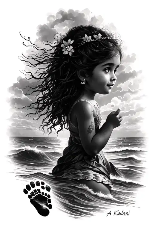 “Sea & Sky Imprint – A Tribute to Kaelani”Design Plan:Real Footprints: Your daughter's a tattoo design idea