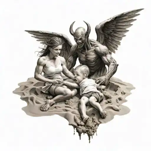 demons trying to kill little boy playing in sandbox with angel  tattoo design idea