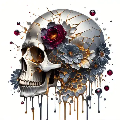 golden and silver broken to pieces skull, melting. Dark void Circle background with dead flowers. big dark ruby gemstone tattoo design idea