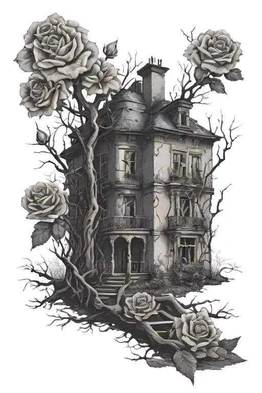 Abandoned Stalin-era house, roses, tree roots tattoo design idea