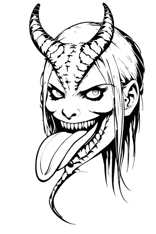 emo girl demon face long venom like tounge tattoo design idea