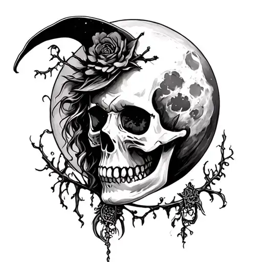 gothic skull and witchy vibes with moon tattoo design idea