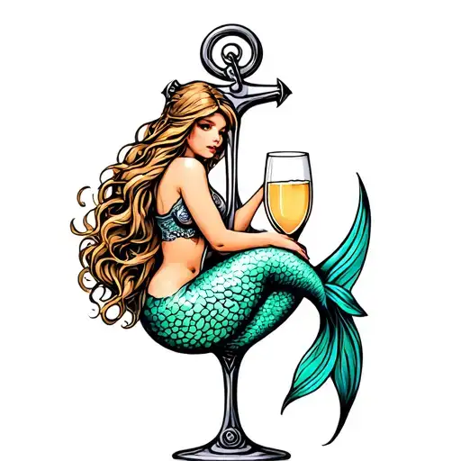 Curvy mermaid sitting in anchor like von teasert in a Champagne glass tattoo design idea