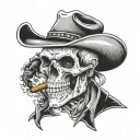 cowboy skull looking down smiling cigar in mouth, smoke coming from side of mouth tattoo design idea